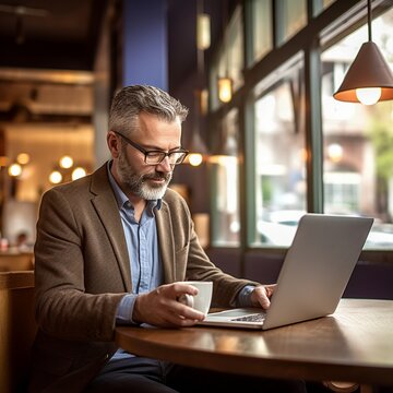 Middle-aged businessman in a coffee shop with his computer.