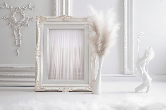 Vintage-style white wooden floor with a white picture frame and pink bunny tail grass in a vase.