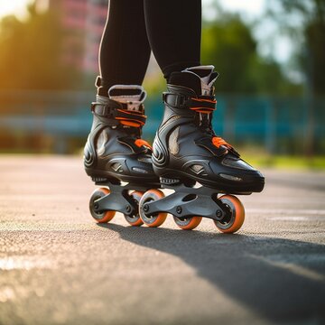 Roller skates during inline skating outdoors. Active lifestyle. Rollerblading