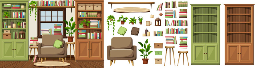 Room interior with green and brown bookcases, an armchair, books, and houseplants. Cozy old-fashioned classic interior design. Furniture set. Interior constructor. Cartoon vector illustration