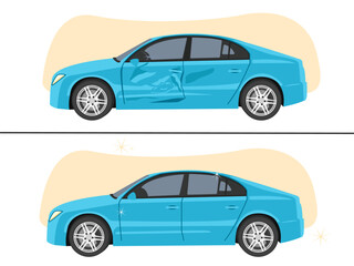 Car repair, before and after the repair of the crashed car.