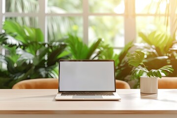 Fototapeta premium In the office, a laptop with a white, blank screen is on a table. a mockup