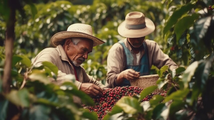Farmers harvesting coffee beans in coffee plantation