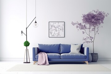 Vertical poster of a mock-up living room d�cor with a blue sofa and a purple throw blanket next to a tree against a blank white wall. a case in point