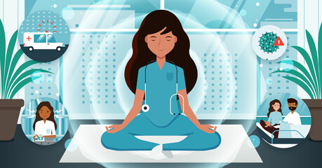 Ilustración de doctora practicando mindfulness para hacer frente a stress, burnout y ansiedad  - obrazy, fototapety, plakaty
