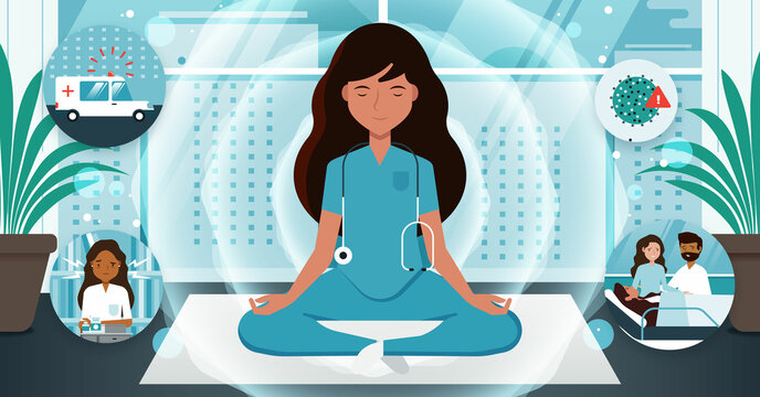 Ilustraci&oacute;n de doctora practicando mindfulness para hacer frente a stress, burnout y ansiedad 