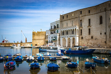 old harbour, porto antico, fishing boats, monopoli, puglia, italy, south italy, bari, europe,...