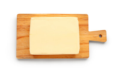 Wooden board with fresh butter on white background