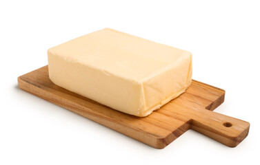 Wooden board with fresh butter on white background