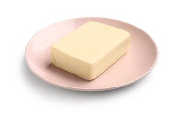 Plate with fresh butter on white background