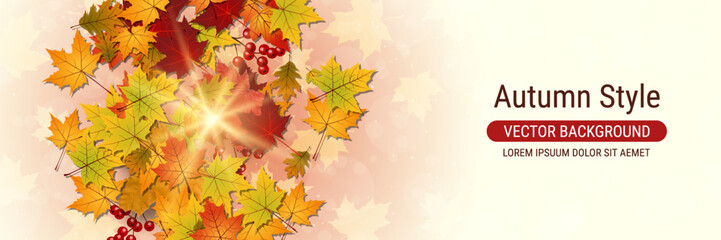 Naklejka na ściany i meble Autumn style vector banner. Design for flyer, invitation card, promo poster, discount coupon, voucher, sale banner