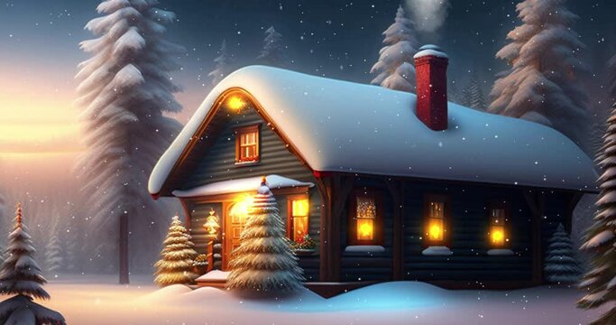 Winter setting log cabin in Christmas snow. High-quality 4k footage, Solitary snowbound half-timbered rustic house decorated for Christmas among snow-covered fir tree forest at snowfall winter night	
