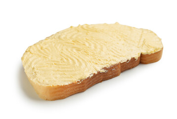 Tasty toast with butter on white background