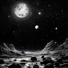 vertical composition showing cosmos, stars, planets. High detail, photo realistic, high contrast, black and white