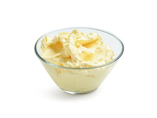 Glass bowl with fresh butter on white background
