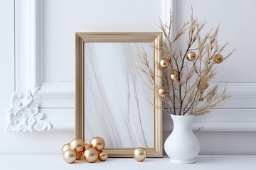 Christmas interior composition with mock-up of a frame, branches from a tree in a vase, and gold holiday ornaments. Background with white wall and marble table. Copy space