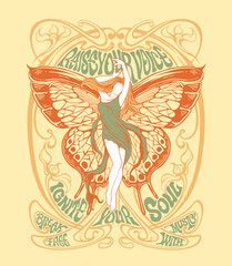 Obraz premium Vintage Art Nouveau T shirt or poster design including Girl with butterfly wings in an aesthetic frame and custom typography