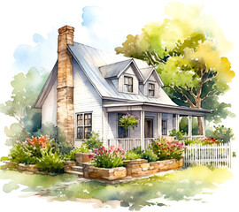 Cute farmhouse exterior with front yard flower bed. Colorful watercolour or aquarelle painting illustration. Created with generative Ai