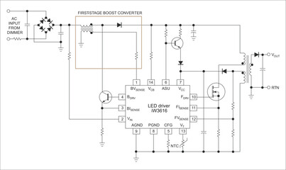 Vector drawing electrical circuit with capacitor, 
integrated circuit (led driver), 
transformer, transistor, diode, power supply 
and resistor. Schematic diagram of electronic device.