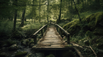 wooden bridge in the forest.