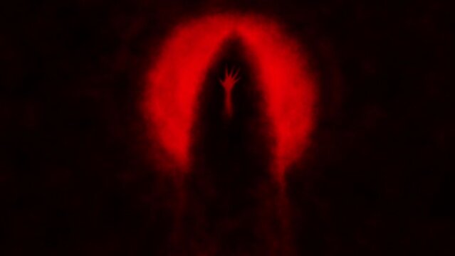 Scary monk stands against luminous circle. Evil hooded whitch pulled out hand in front of her. Horror fantasy 2D animation. Dark spirit terror. Spooky character from nightmares. Creepy video clip.