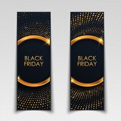 Luxury banner for Black Friday. Glowing banner with golden particles. Black poster for discounts, sales.