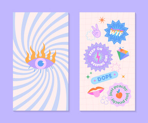 Vector insta story templates with patches and stickers in 90s style.Smm banners in y2k aesthetic with spiral background.Funky designs for social media marketing,branding,packaging