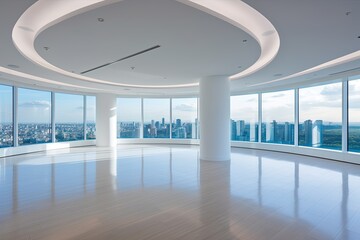 Modern office interior that is unfurnished and has a magnificent city view.