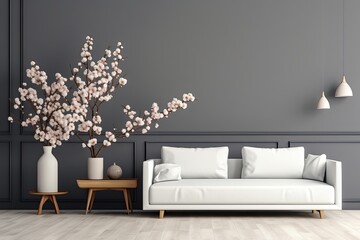 Background mock-up of living room with white Sofa Table, Wood Floor, and Tree Vase.