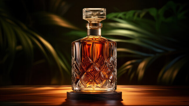 Bottle of amber color premium alcohol, isolated on white background. Ideal for mock-up of whisky, brandy, cognac or rum design.