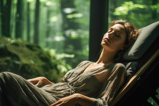 Hypnotherapy client in session, comfortably reclined in a comfy daybed with eyes closed, in a setting of a tranquil forest, enhancing the sense of calm and connection to nature