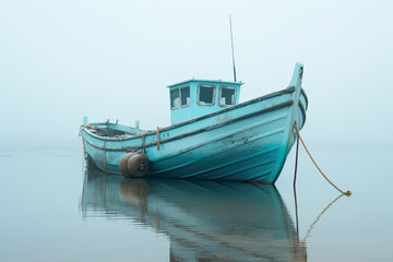 old blue fishing boat in the sea.