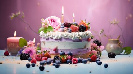 Obraz na płótnie Canvas Incredible Pastel Birthday Cake Against Gradient and Marbled Painted Backdrop - Floral Decoration and Design Elements - Hombre Frosting with Purple, Pink, and Blue Feminine Color Tone - Generative AI
