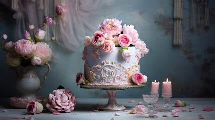 Incredible Pastel Birthday Cake Against Gradient and Marbled Painted Backdrop - Floral Decoration and Design Elements - Hombre Frosting with Purple, Pink, and Blue Feminine Color Tone - Generative AI