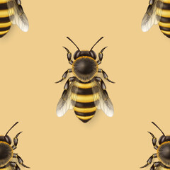 Vector Seamless Pattern with 3d Realistic Detailed Honey Bee Icon Closeup on Yellow Background. Queen Honeybee Design Template, Vector Illustration of Bee in Macro, Top View