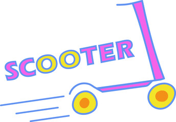 Doodle speed scooter. Personal city summer transport. Color image with outline. Text. Children drawing. isolated object. Vector illustration.