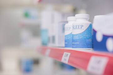 Empty health care shop filled with medicaments boxes and packages, retail store shelves with pharmaceutical products. Pharmacy space having medical drugs and pills, supplement containers.