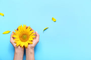 Foto op Plexiglas Woman with sunflower on blue background © Pixel-Shot