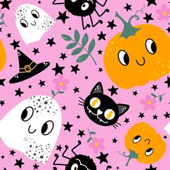 Cartoon Halloween seamless pumpkins and ghost pattern for wrapping paper and fabrics and kids clothes print