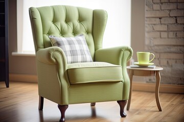 Living room with a modern antique aesthetic. Armchair with light green cushion.