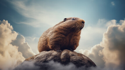 Close up portrait view of an North American beaver sitting in stone with sky on background. Observer, sentry, guard