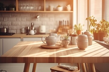 wooden table empty and hazy picture of chic kitchen decor. Draft for a design