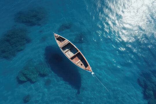 An overhead view of the sea blue with a small two-seater boat in sunny day. Creative nautical wallpaper. Minimalist style. Clear blue water with little waves.