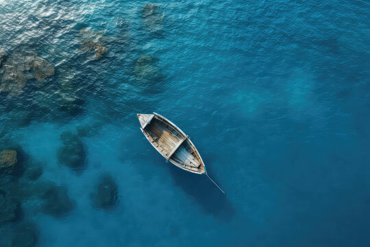 An overhead view of the sea blue with a small two-seater boat in sunny day. Creative nautical wallpaper. Minimalist style. Clear blue water with little waves.