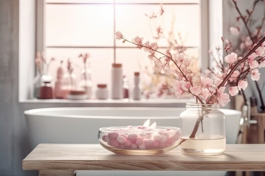 Close-up of a wooden table, desk, or shelf with cherry blossom branches in a glass vase over a fuzzy image of a bohemian bathroom with a bathtub, a boho interior design concept