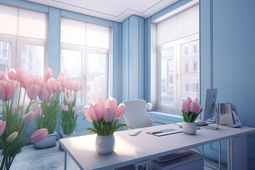 modern office with blue walls in a bright space. Pink tulip bouquet on the table. Office space for women