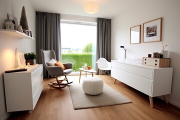 Fototapeta premium Scandinavian-style nursery for newborns with a white crib and stool