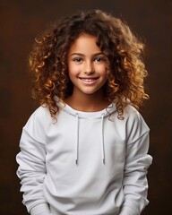 Young girl wearing white sweatshirt mockup, at brown background. Print presentation mock-up. AI generation