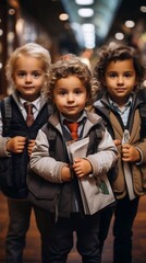 Fototapeta premium Portrait of schoolchildren in outerwear walking on the street. Schooltime with ai generative
