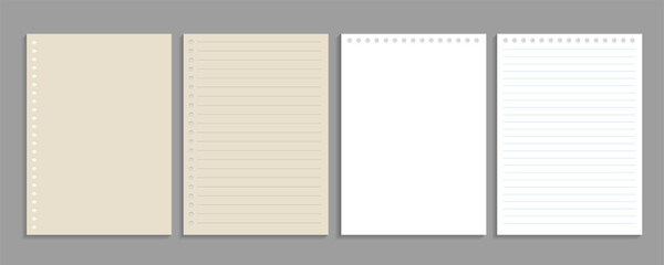 Realistic lined notepapers. Blank gridded notebook papers for homework and exercises. 